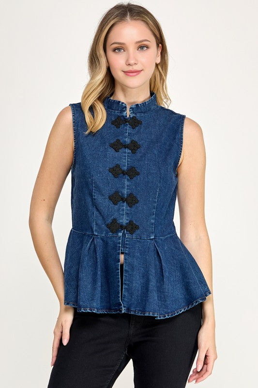 Pre-Order Agosto 31 Dark Denim Mandarin Pepplum Top