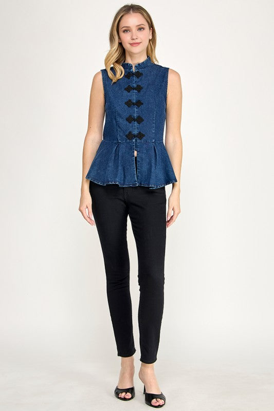 Pre-Order Agosto 31 Dark Denim Mandarin Pepplum Top