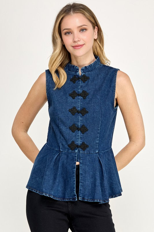 Pre-Order Agosto 31 Dark Denim Mandarin Pepplum Top