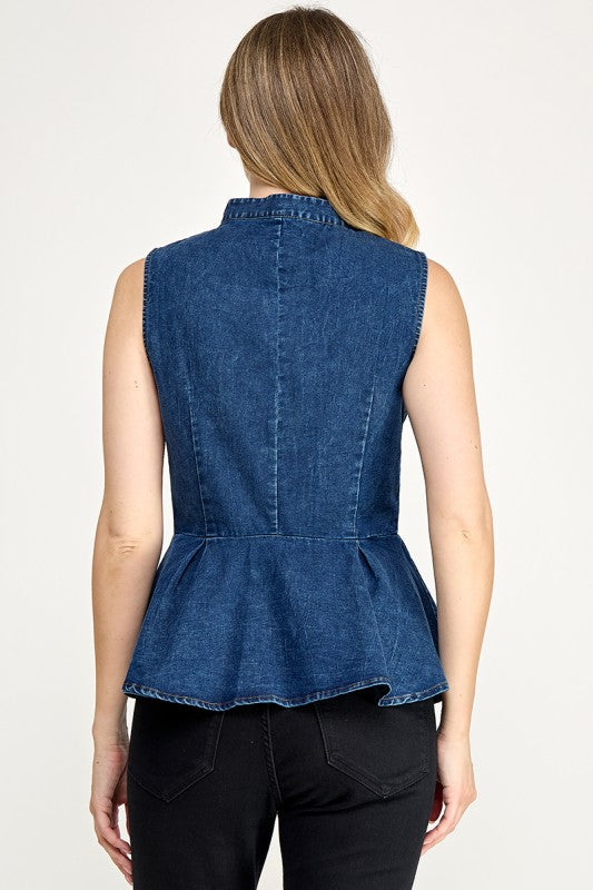 Pre-Order Agosto 31 Dark Denim Mandarin Pepplum Top
