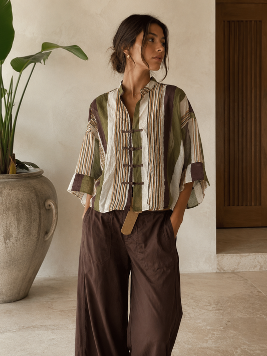 🇮🇹 Olive/Brown Mandarin Blouse One size (S a L)