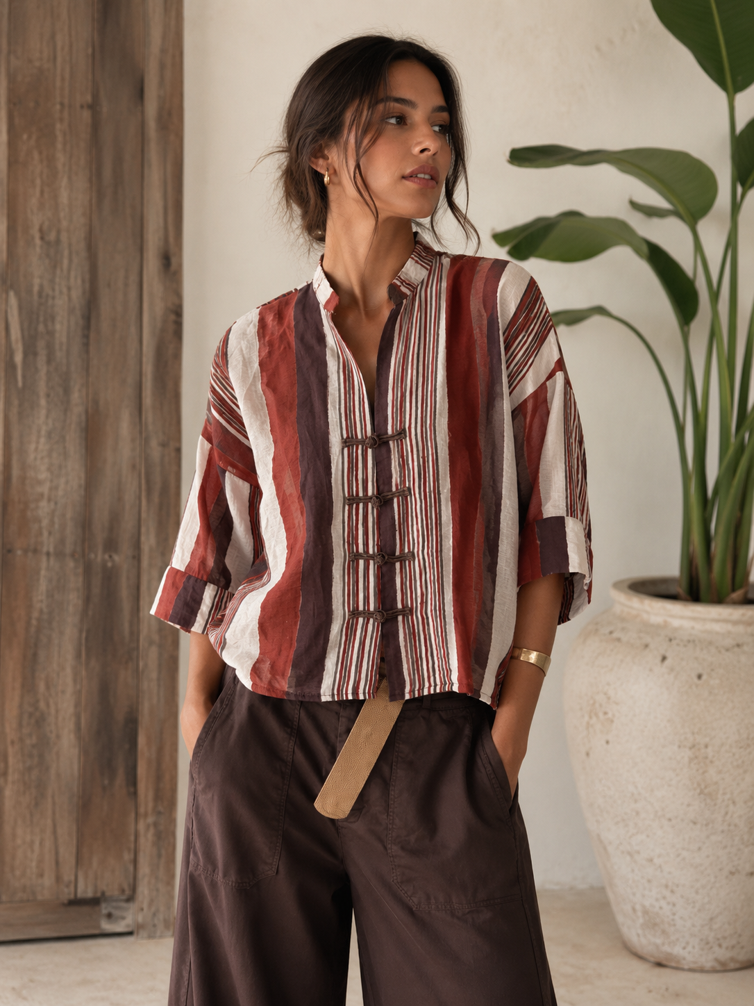 🇮🇹 Camel/Brown Mandarin Blouse One size (S a L)