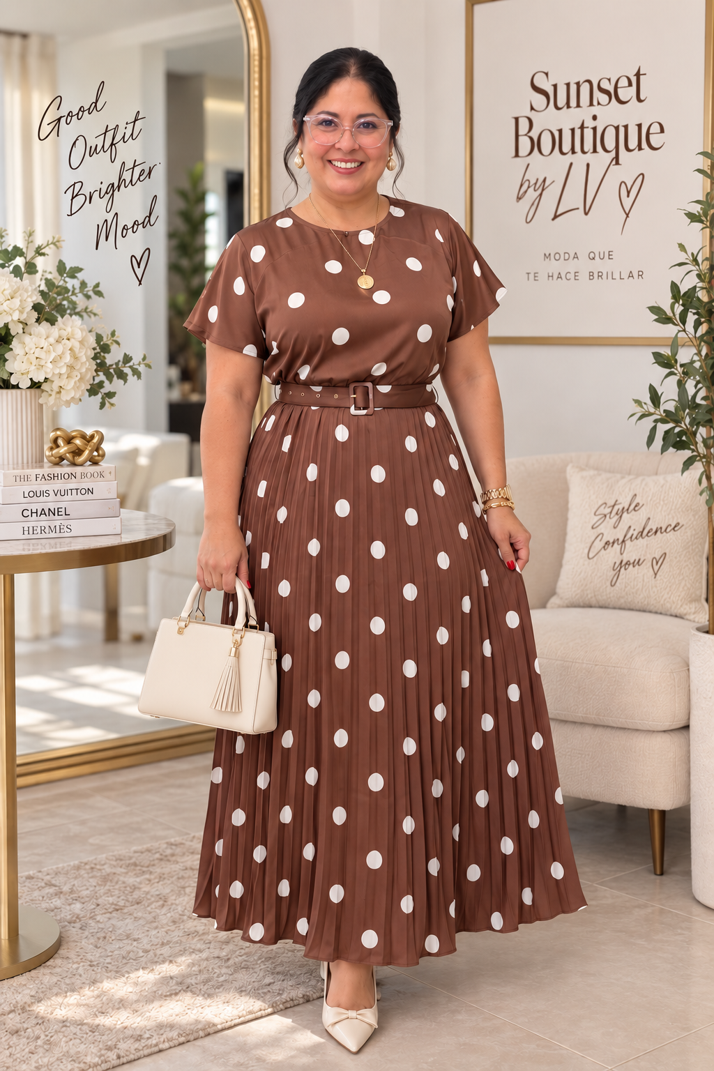Mocha/Cream Satin Polka Dot Midi Dress
