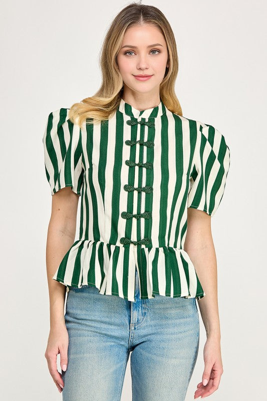 Pre-order Oct 19 Green Puffed Sleeve Mandarin Peplum Shirt
