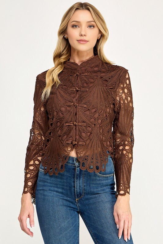 Pre-order Oct 19 Brown Mandarin Lace  Top