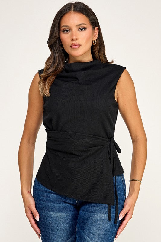 Pre-order July 18 Black Waist Tie Mock Neck Top
