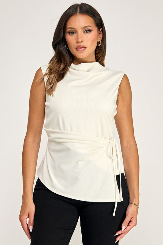 Pre-order July 18 Ivory Waist Tie Mock Neck Top