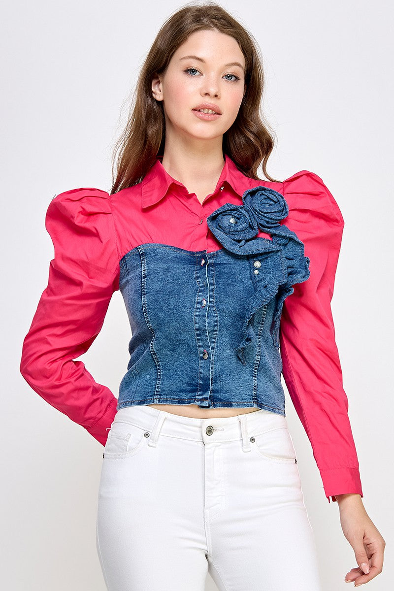 PUFFED SLV DENIM COLOR BLOCK SHIRT