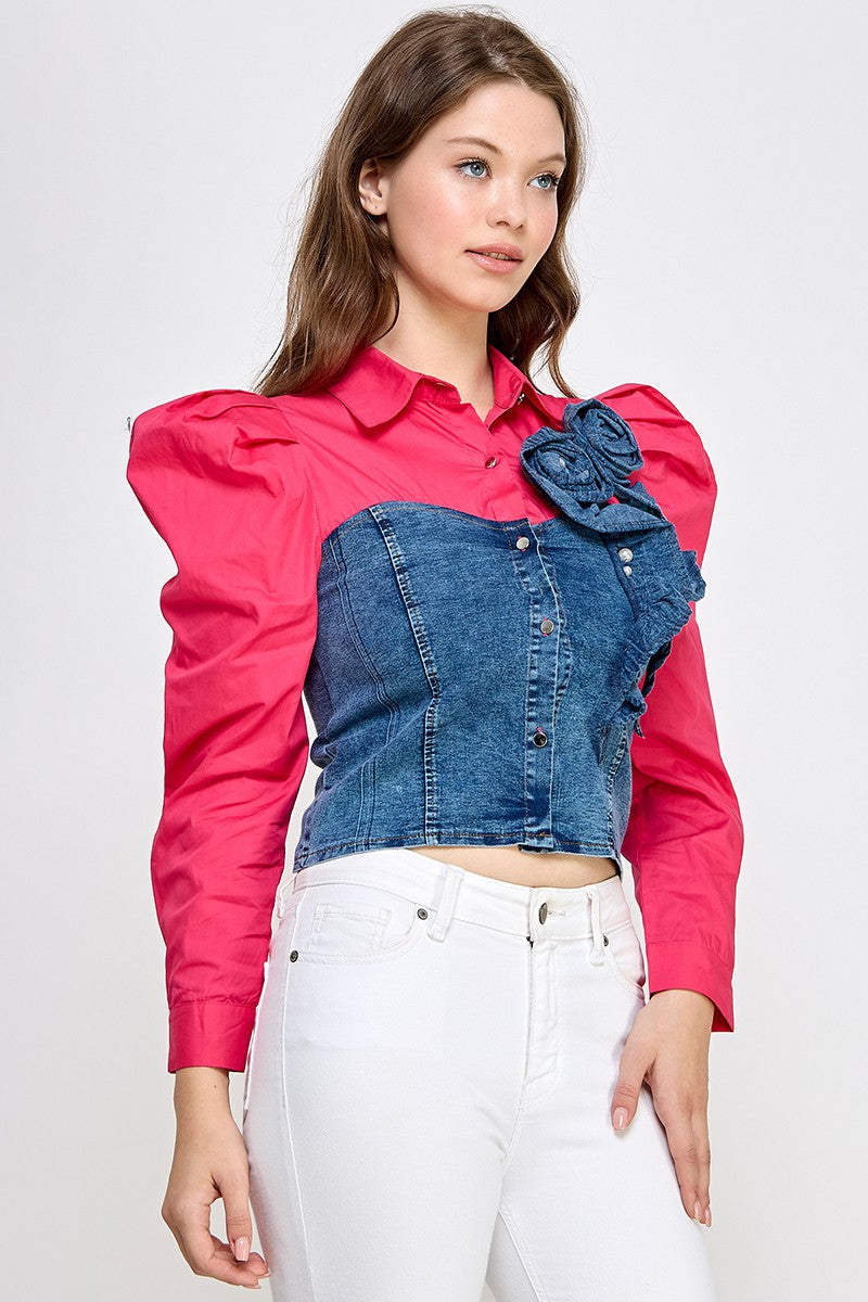 PUFFED SLV DENIM COLOR BLOCK SHIRT