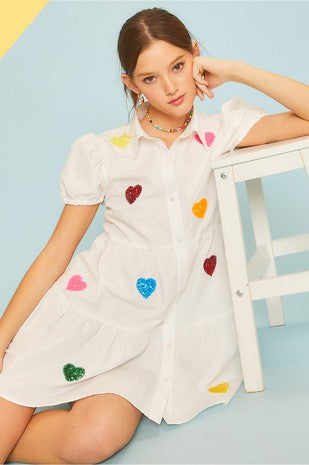 Button down dress with sequins hearts