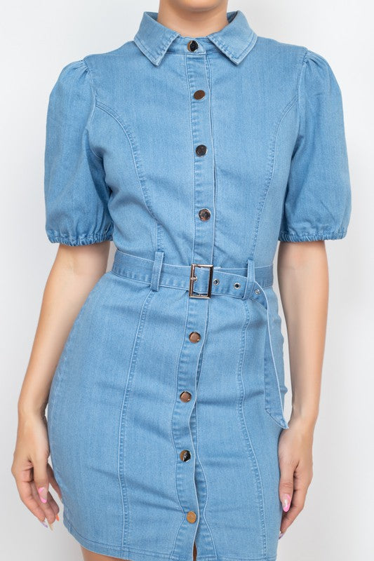 Puff Sleeve Button-Down Belted Denim Dress