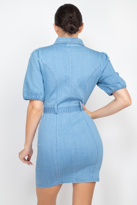 Puff Sleeve Button-Down Belted Denim Dress