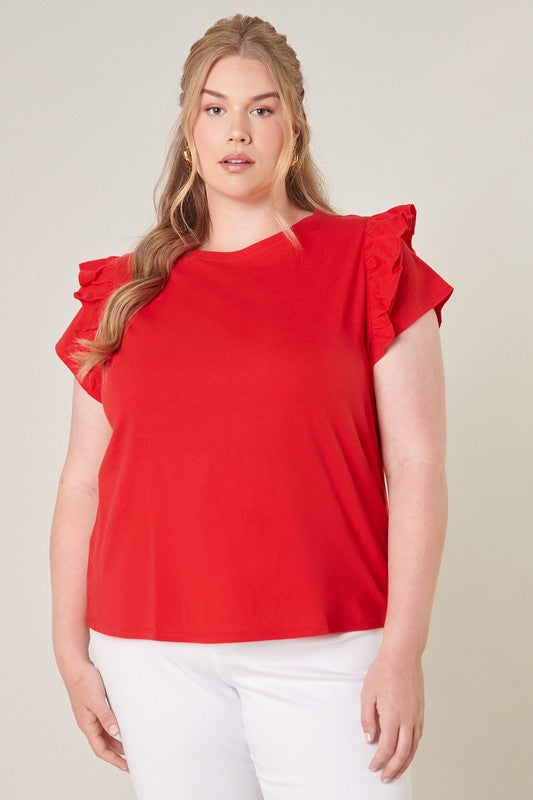 Red Ruffle Shoulder Cotton Knit Top Curve