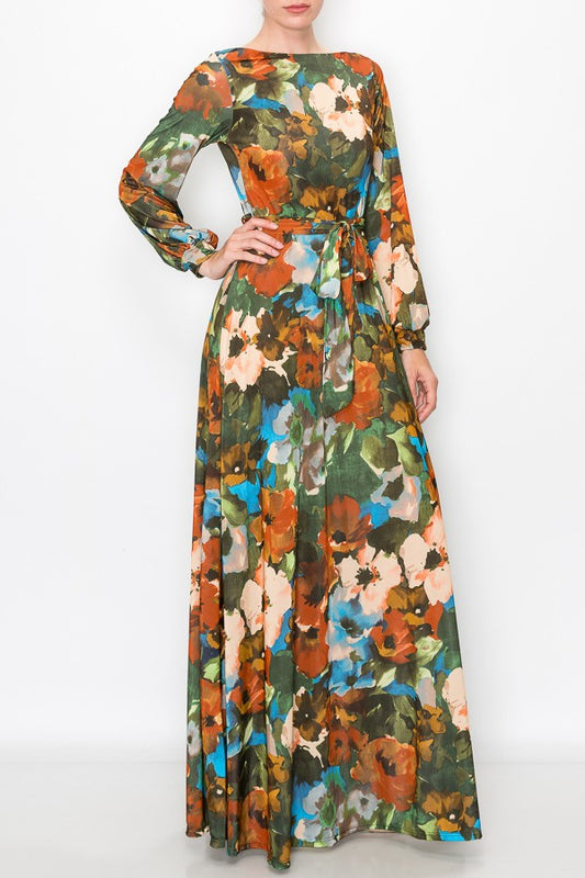 Vintage print boat neck maxi dress with long closed sleeves & cuff